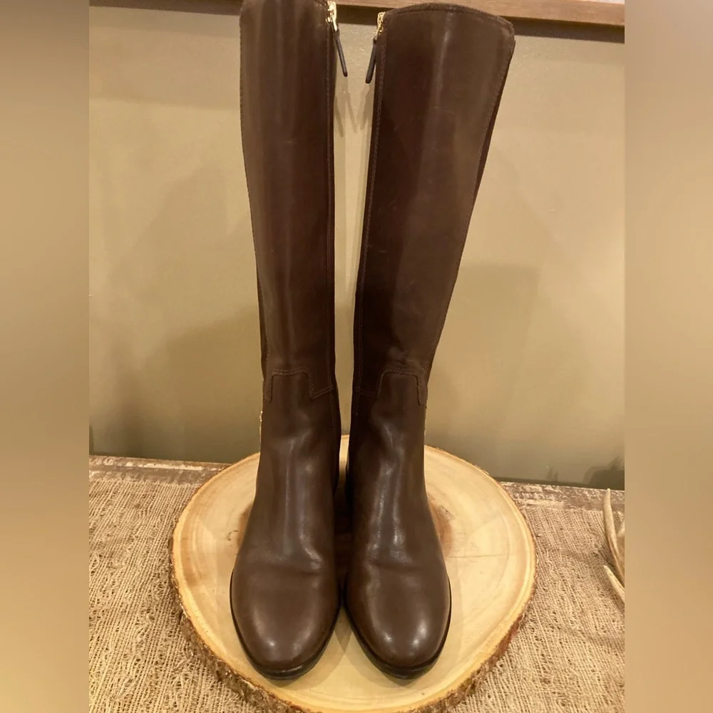 Tory Burch Wyatt Over Knee Brown Leather Boots Zip Up‎ Size-7.5